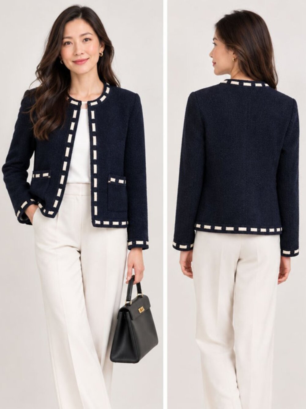ST JOHN Collection By Marie Gray Knit Zip -Up Cardigan Jacket Patch Pock